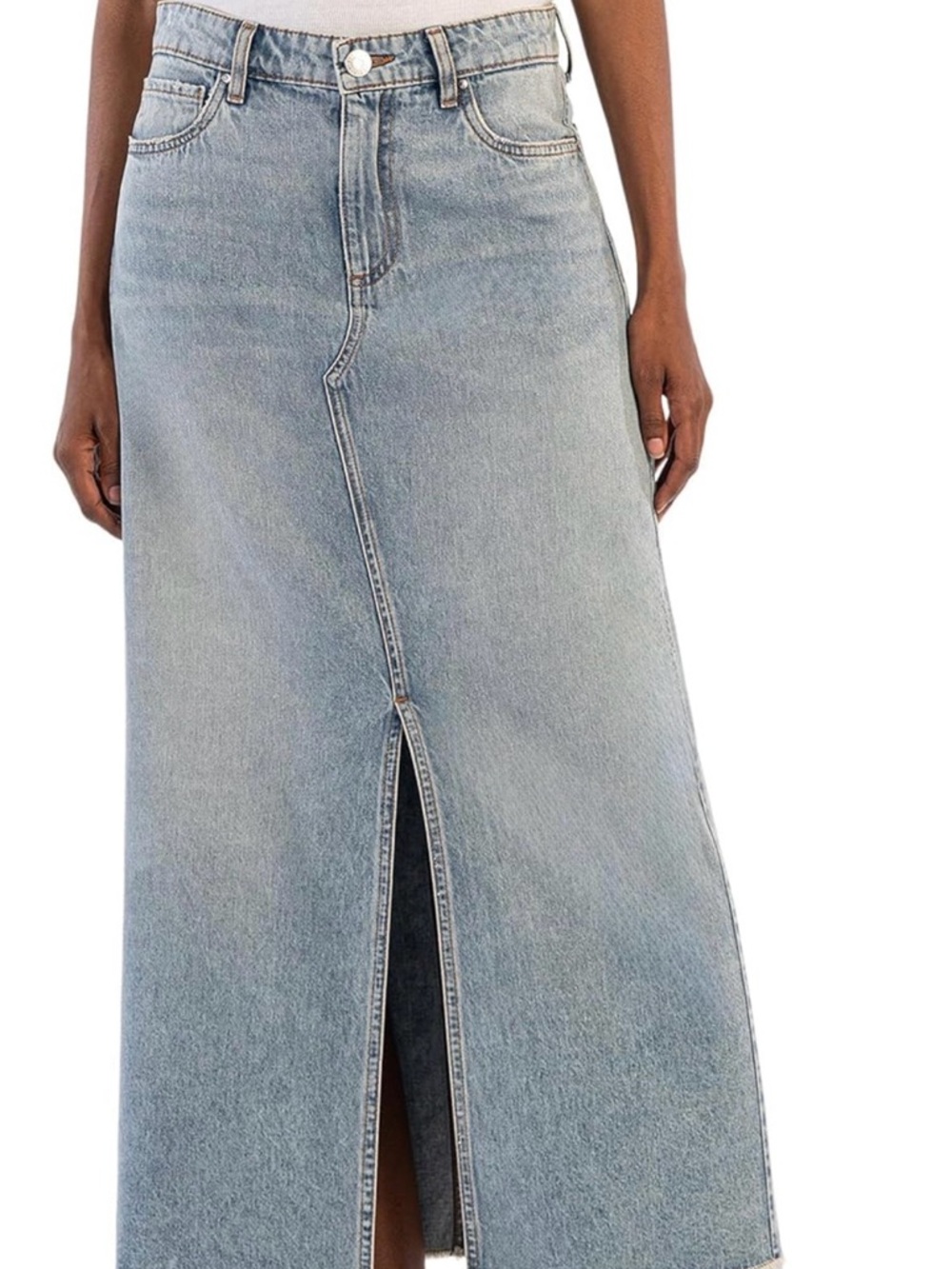 Light Wash Denim Maxi Skirt with Front Slit